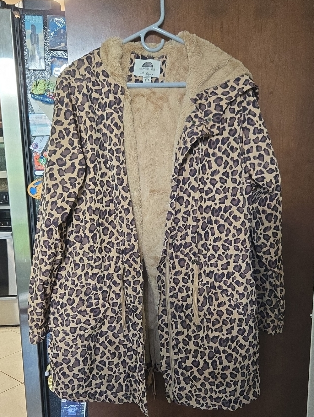 Leopard Print Faux-Sherpa Hooded Puffer Coat - Beige/Black